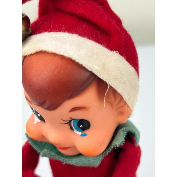 Vintage Rubber Face Knee Hugger Elf Figure Christmas Holiday Blue Eyes Bell READ - Picture 4 of 13